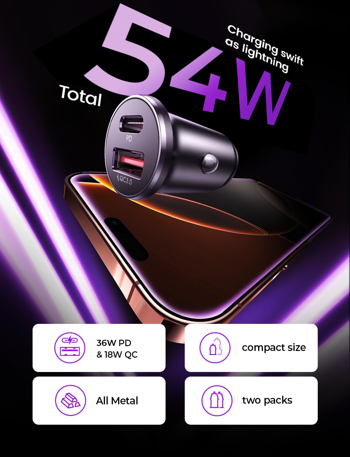 LISEN 54W Car Phone Charger USB C, Cigarette Lighter Adapter